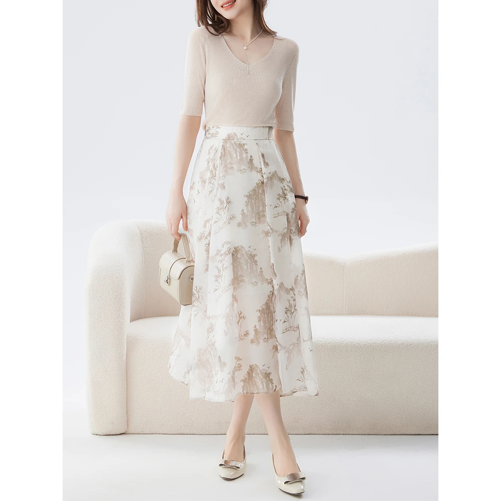 老敏哥 江山美人印花伞裙女夏季新款高级感国风半身裙S04056059-2