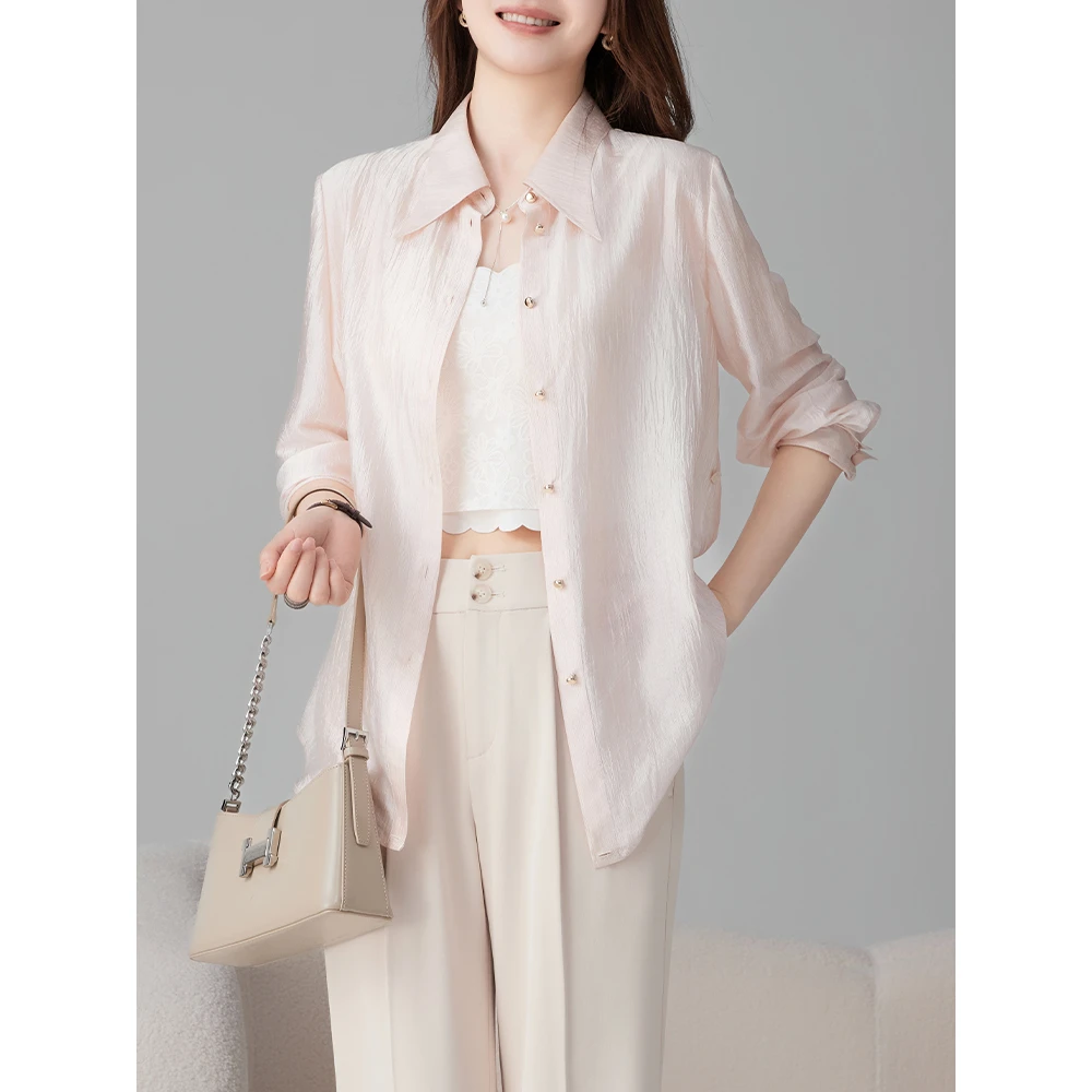 老敏哥衬衣月牙衬衫领进口醋酸抓皱防晒衬衫轻薄柔  S04126101