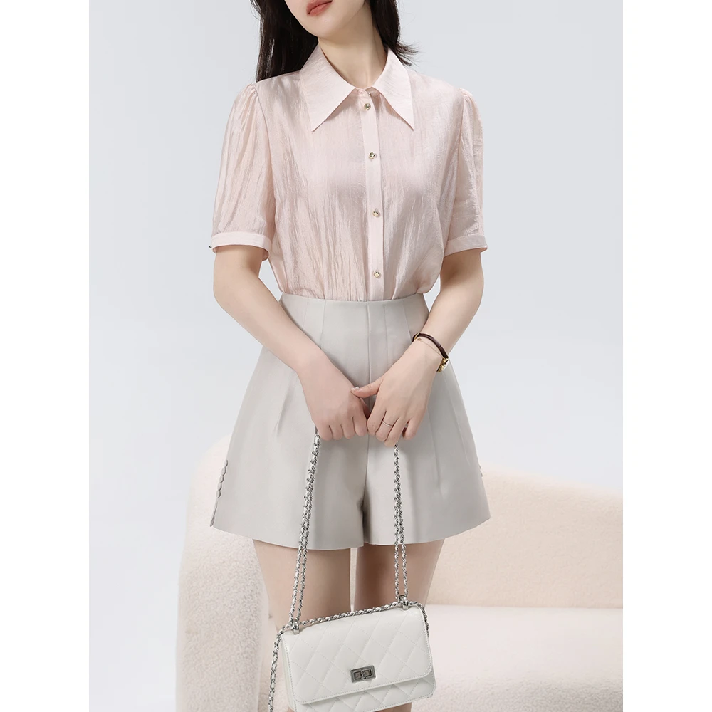 老敏哥 微光粼粼进口醋酸通透感气质夏短袖尖领衬衣 S06076175