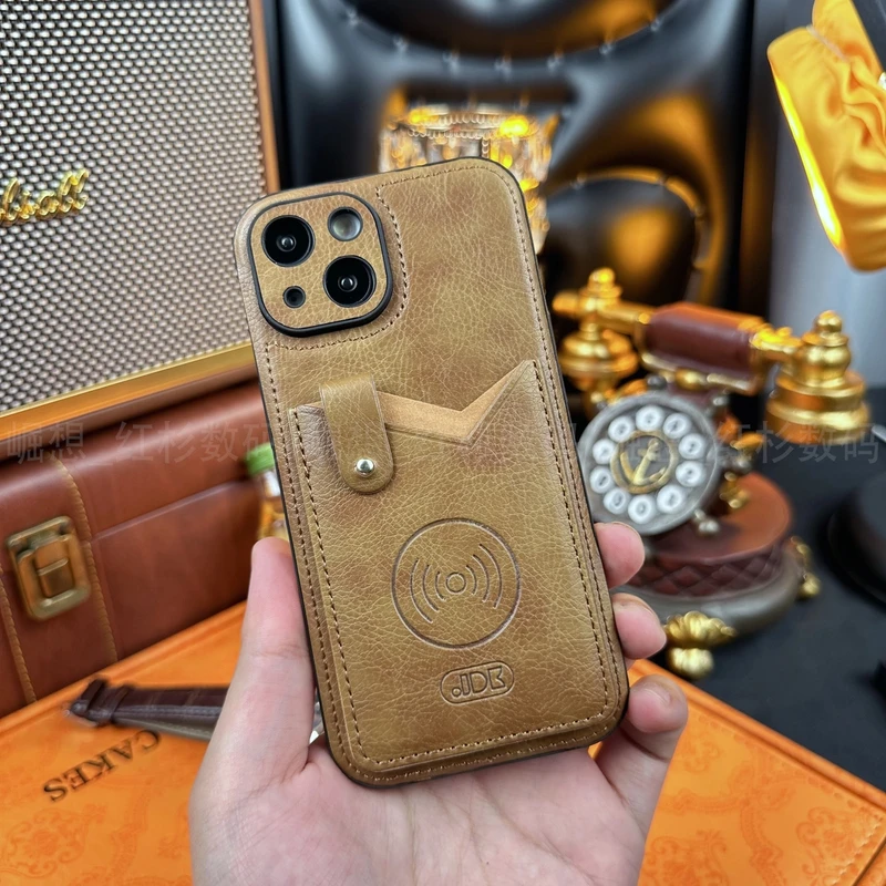 适用于苹果14纯色皮纹卡包支架手机壳高档商务男绒布全包防摔