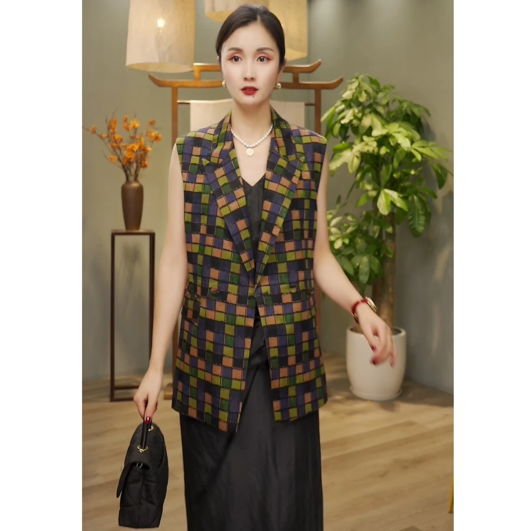 【韩然然原创设计】红云纱棋盘格时尚显瘦马甲 33250085