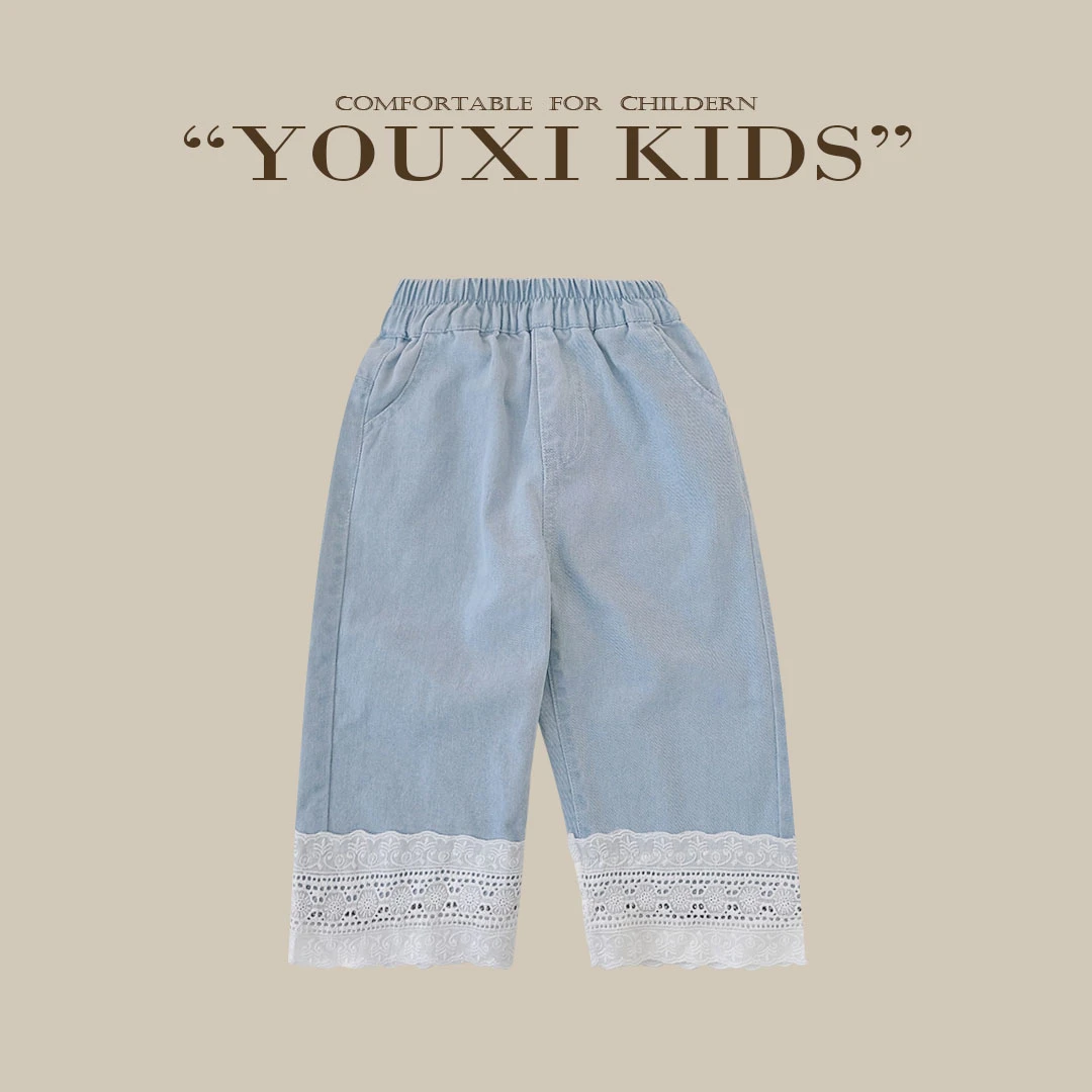 现【绮梦】女童蕾丝可爱休闲裤春款时尚直筒阔腿宽松百搭长裤FF1869