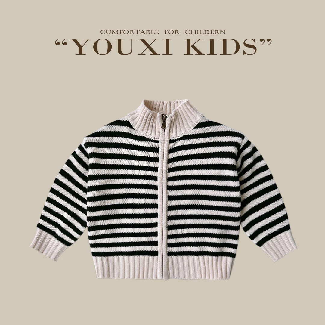 现【海德公园】儿童毛衣23秋新款男女童简约条纹针织拉链开衫FF1635