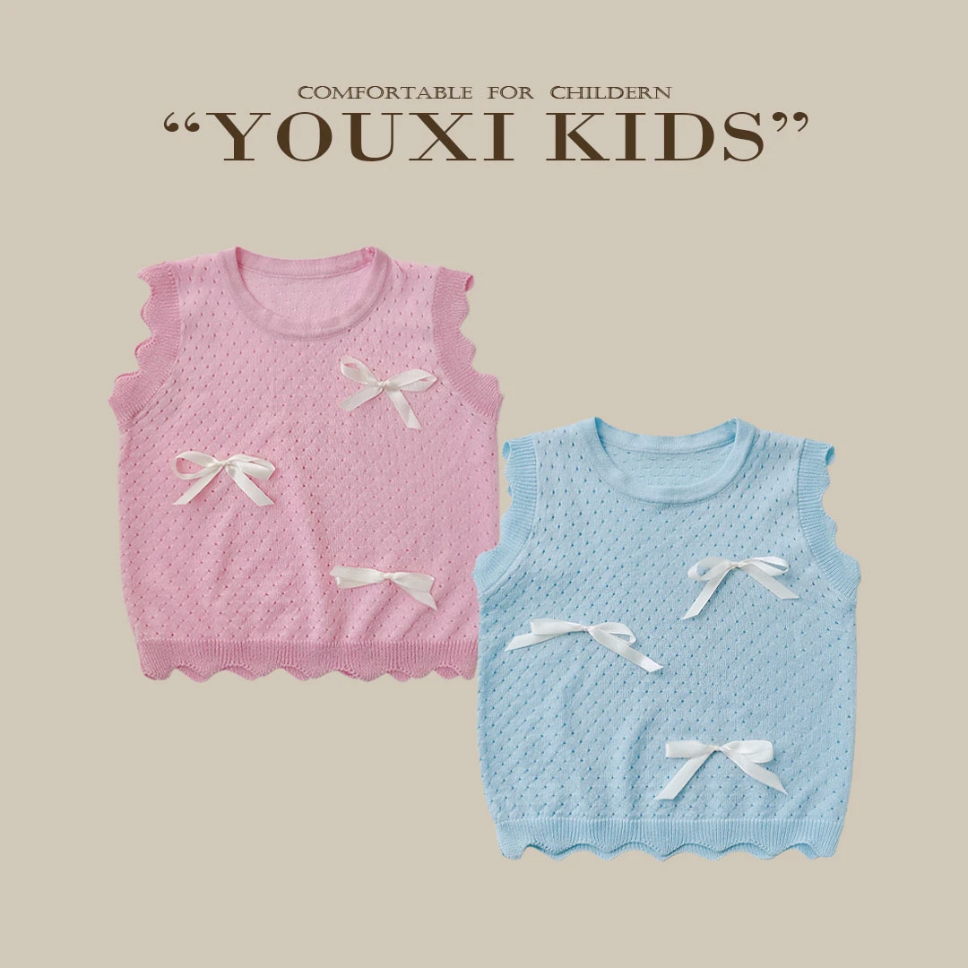 现【画廊女孩】女童针织衫冰丝圆领百搭清凉镂空蝴蝶结背心FF1981