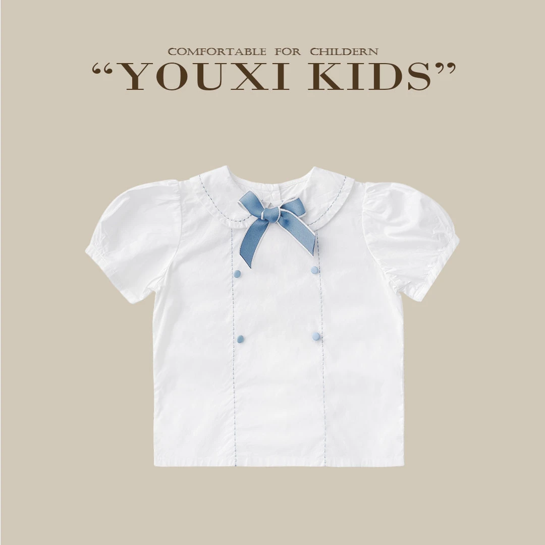 现【魔法少女】女童衬衫春季纯棉翻领甜美蝴蝶结薄款白色上衣FF1923