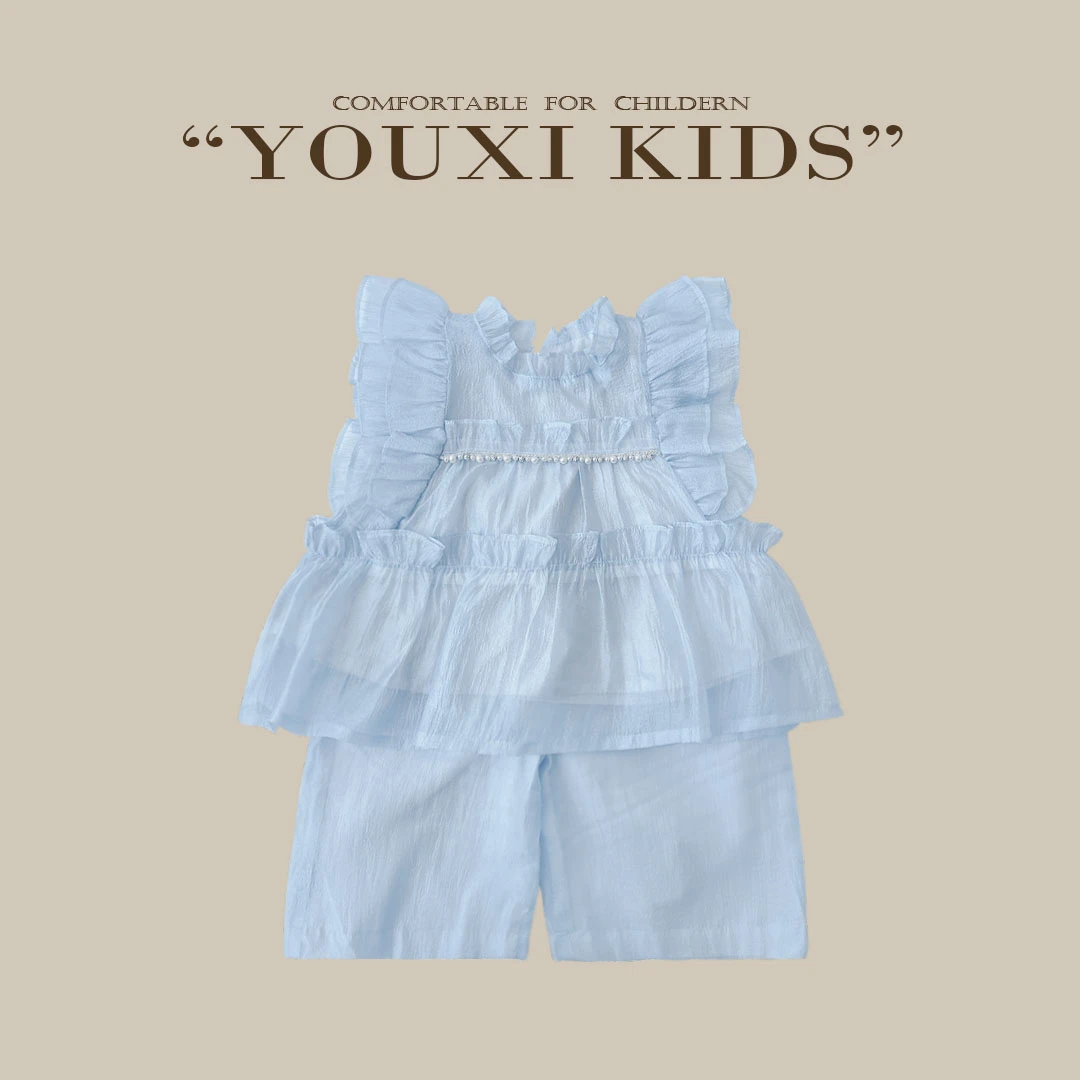 现【夏日和风铃】女童短袖套装法式飞袖儿童阔腿短裤两件套FF1966