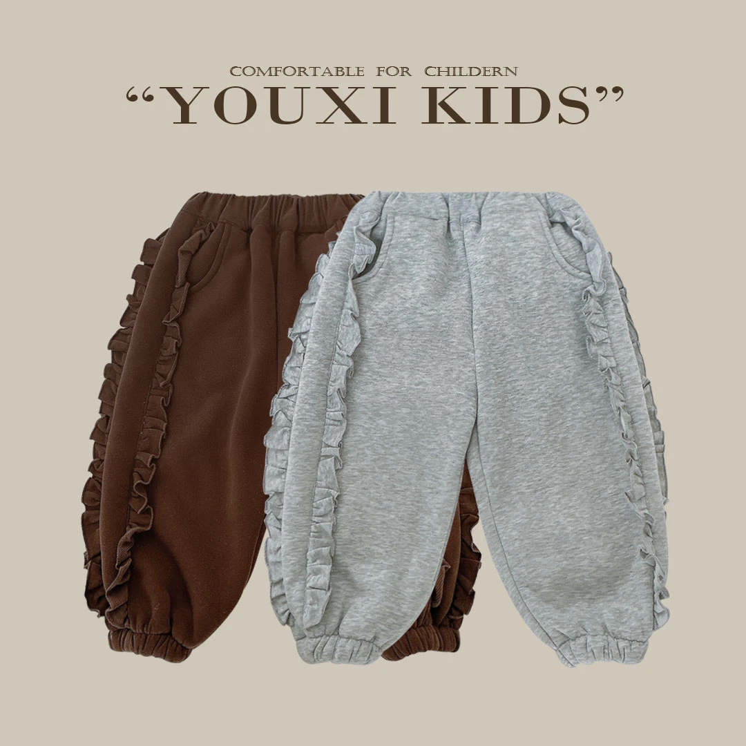 现【花咕朵】儿童花朵加绒卫裤女宝秋冬款幼儿园长裤运动裤棉FF1704