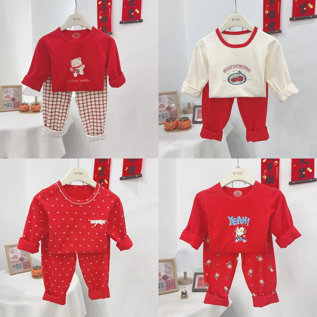 【新年家居服】儿童A类无骨新疆长绒棉家居服套装纯棉红色秋衣秋裤