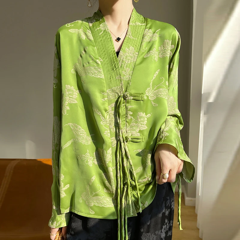 复古唐装新中式国风盘扣衬衫女2024新款设计提花醋酸缎面衬衣上衣