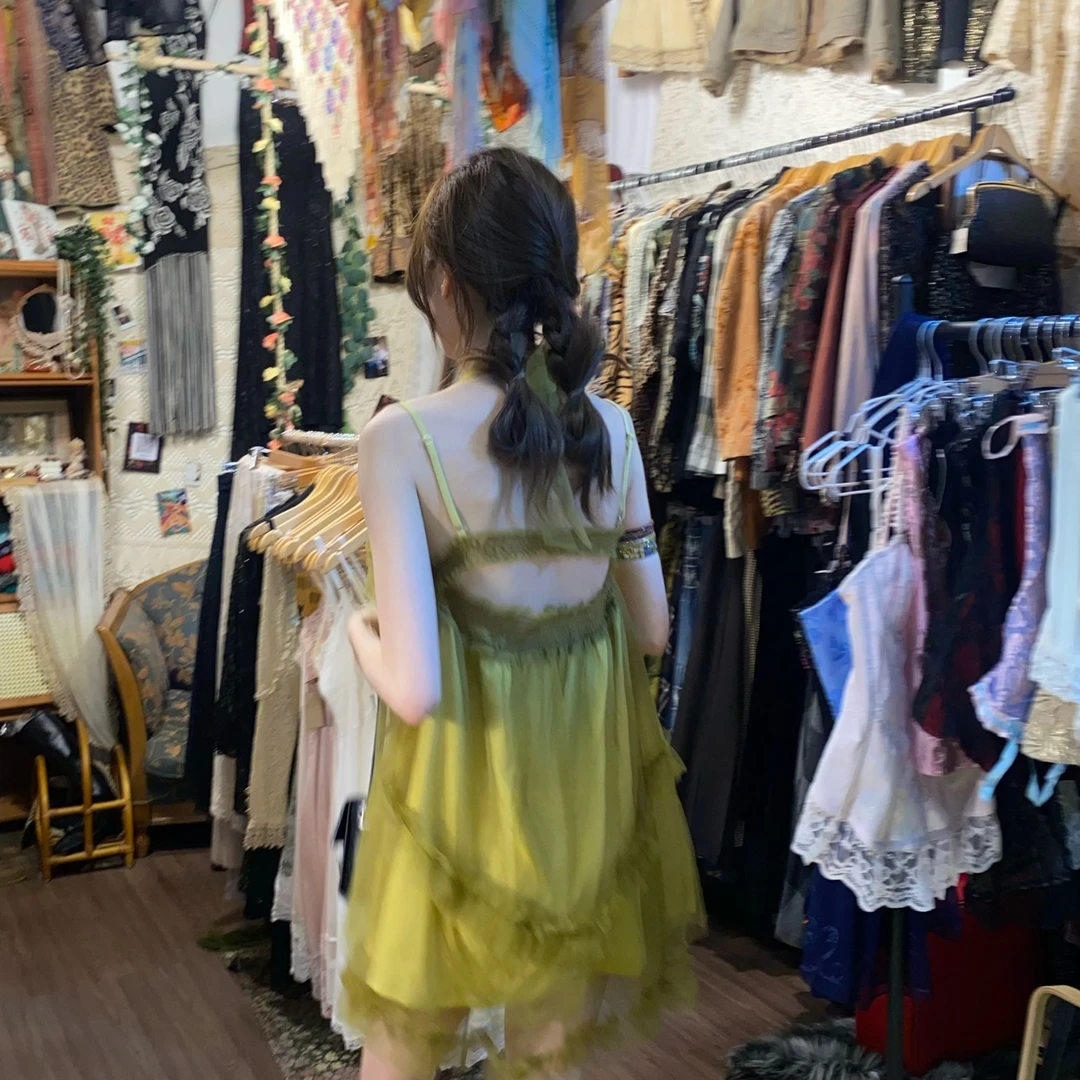 ishui-冷水青苔-少女吊带气质小个子ins小众设计感绿灰网纱连衣裙