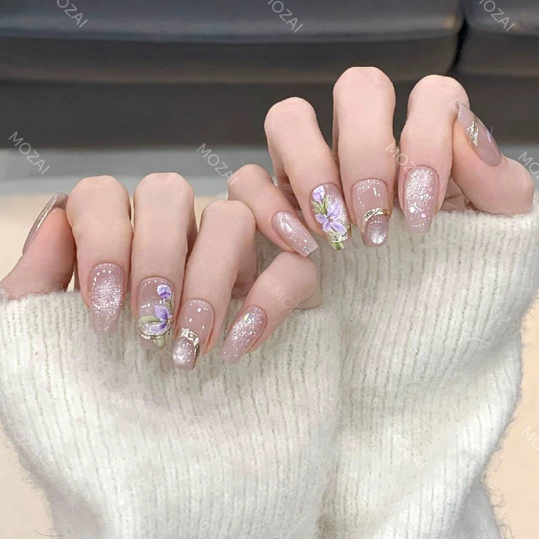 茉哉高定【水彩手绘/情迷鸢尾】纯手工定制美甲穿戴甲F0039