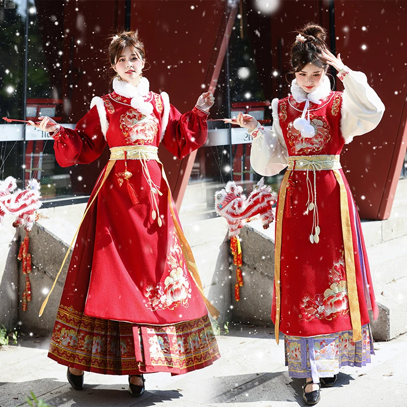 汉服明制莲鲤报春比甲红色衫织金妆花冬款马面裙冬明制汉服冬款