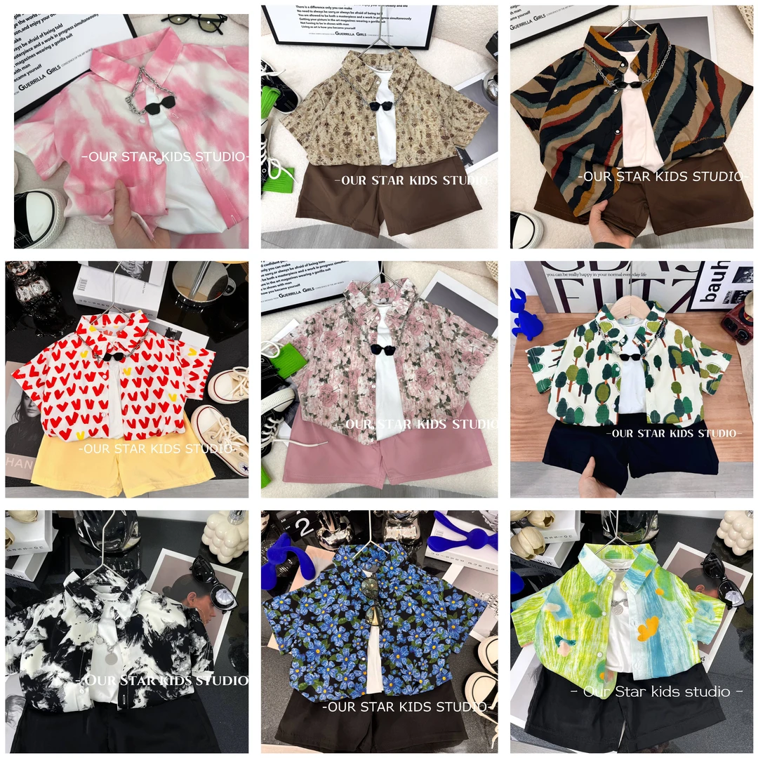【缤纷一夏】夏季薄款潮衬衫短袖中小童复古痞帅时尚印花衬衫套装