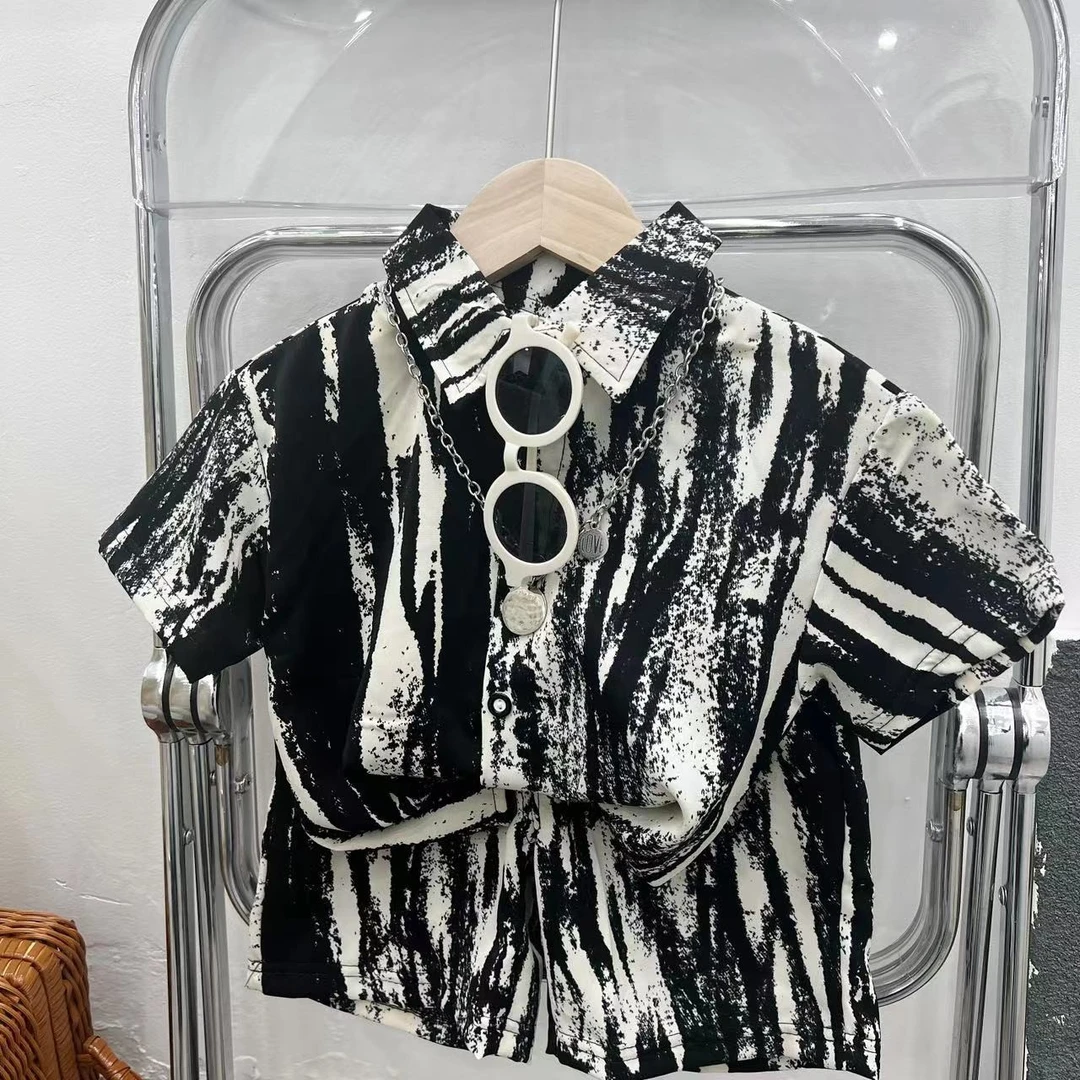 【溶解套装】夏季薄款新款衬衫中大童复古痞帅时尚印花衬衫套装