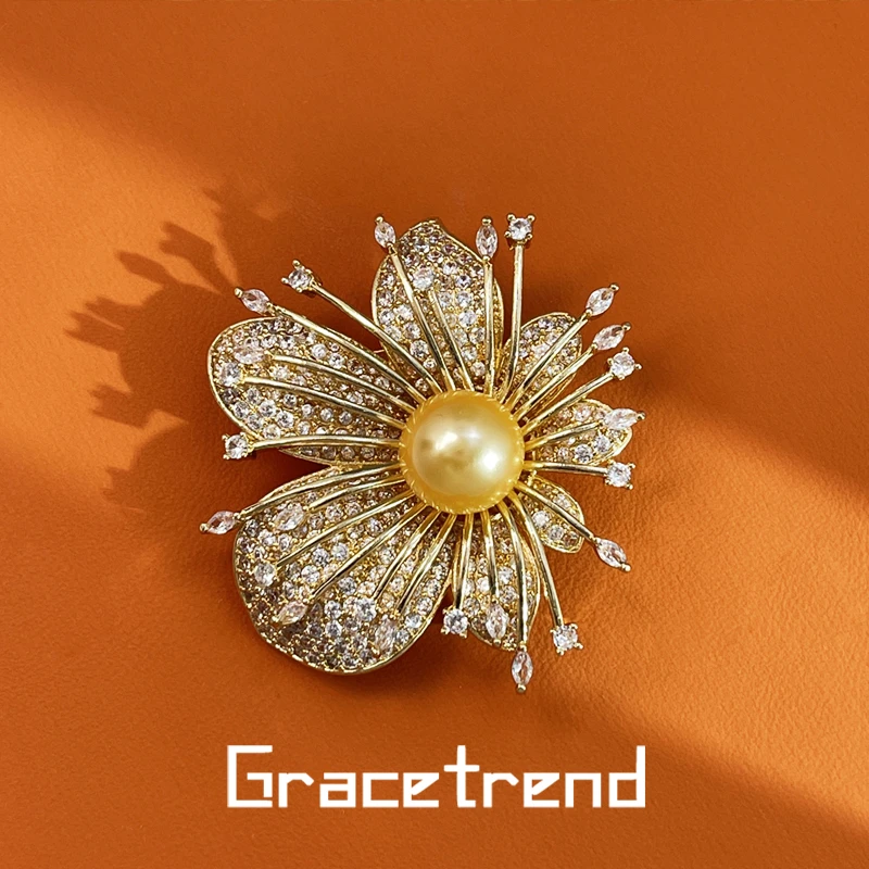 Grace trend 铜合金仿珍珠胸针 轻奢金色兰花饰品胸花D-017 EE078
