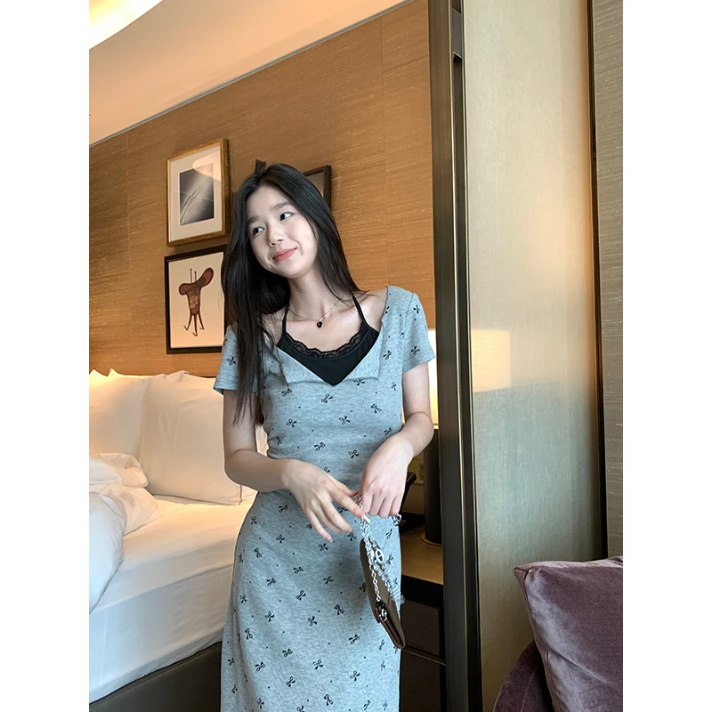 王少女【清清】灰色修身蝴蝶结挂脖连衣裙夏季显瘦裙子L20183S42