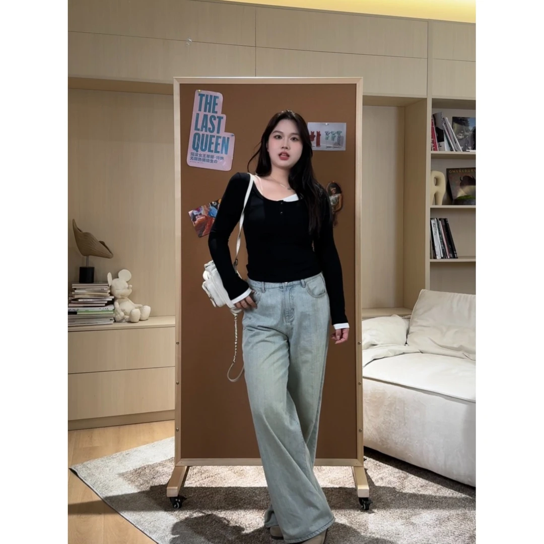 王少女的店【清清】黑色假两件圆领针织衫秋长袖上衣Z25044S43