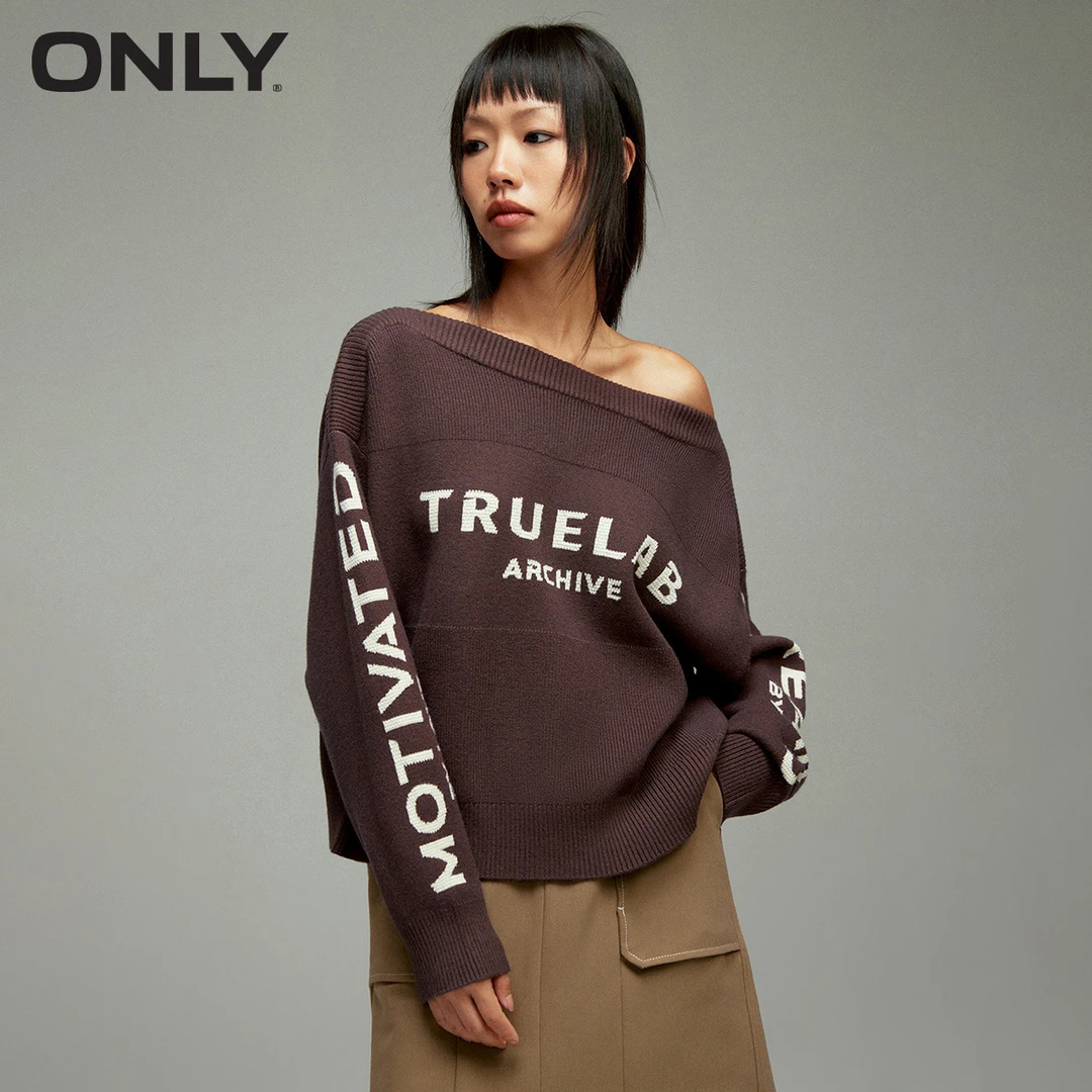 ONLY秋季新款休闲通勤宽松一字领蝙蝠袖针织衫女|124113014