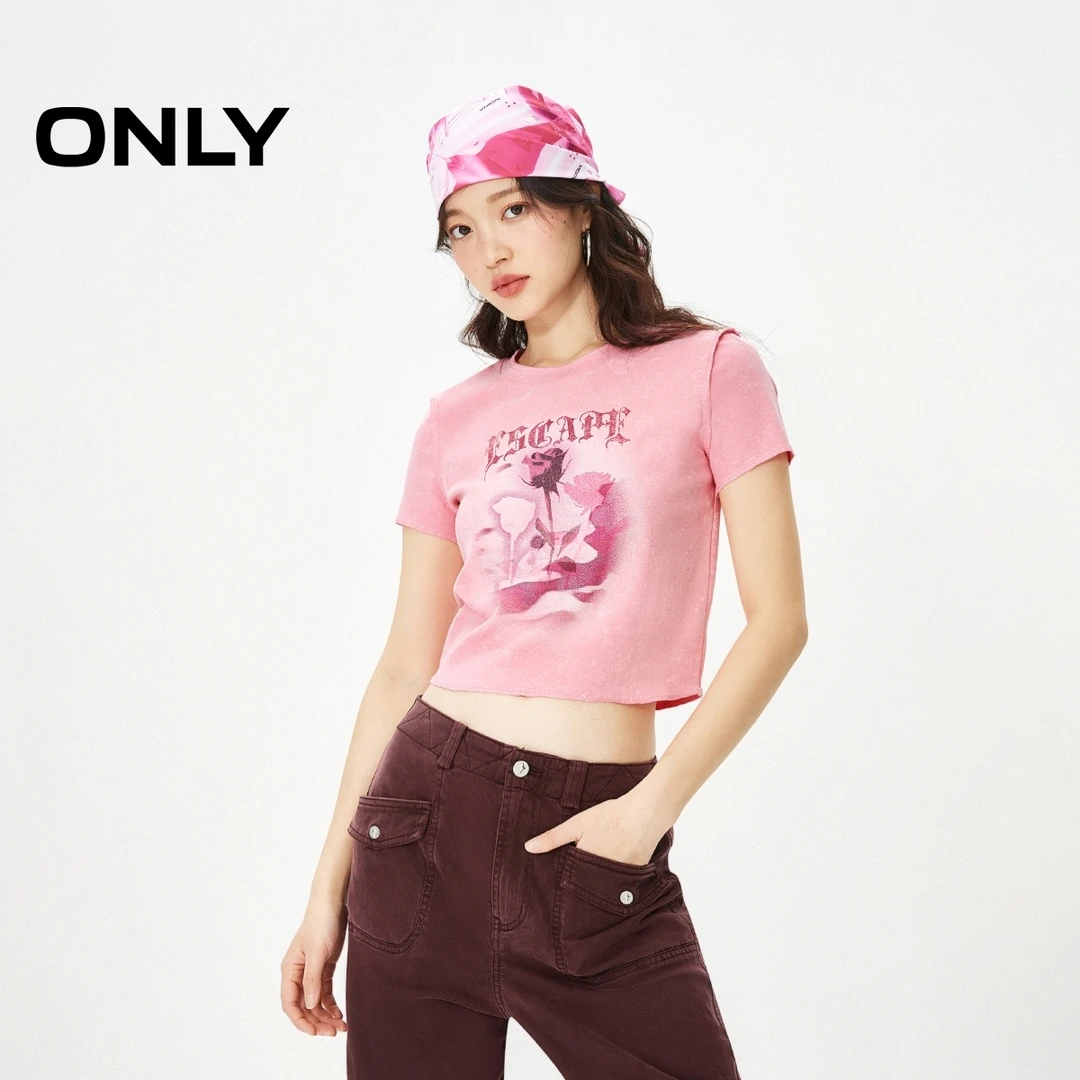 【商场同款】ONLY2024秋季做旧细闪印花正肩短款T恤女|124101064