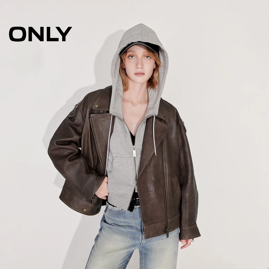 ONLY2025秋季新款复古男友风质感翻领落肩宽松皮衣女|125110003