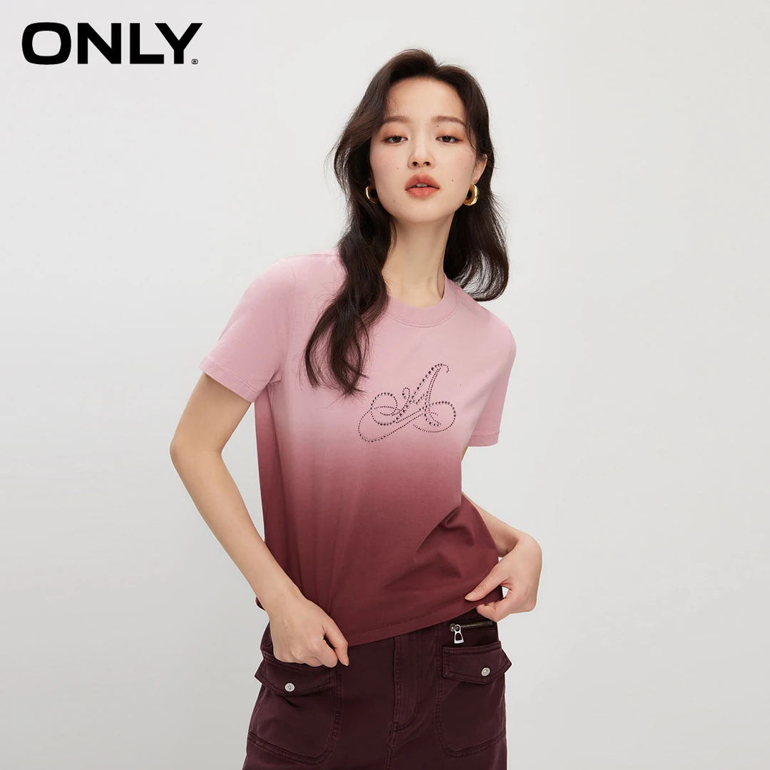 【商场同款】ONLY2024秋季渐变烫钻正肩圆领短款T恤女|124101055