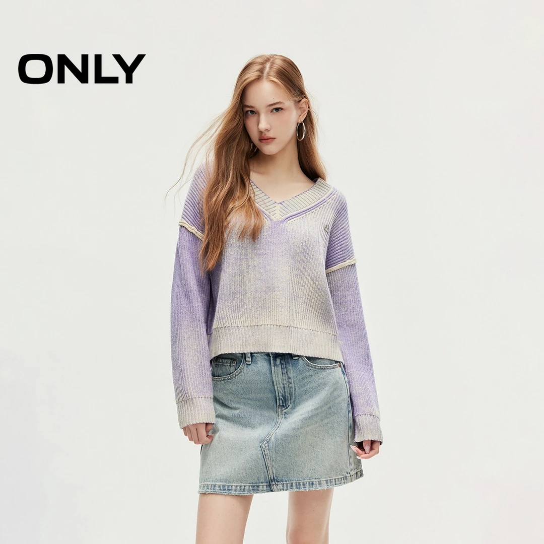 ONLY2025秋季新款小众轻奢V领螺纹落肩长袖针织衫女装|124313023