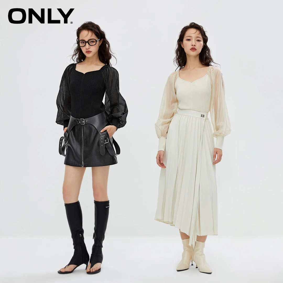【丽公主专属】ONLY2024春季新款V领灯笼袖圆领针织衫女123424020