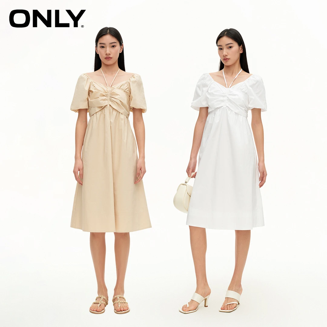 ONLY2024夏季新款时尚简约泡泡袖收腰中长款连衣裙女装|124207013