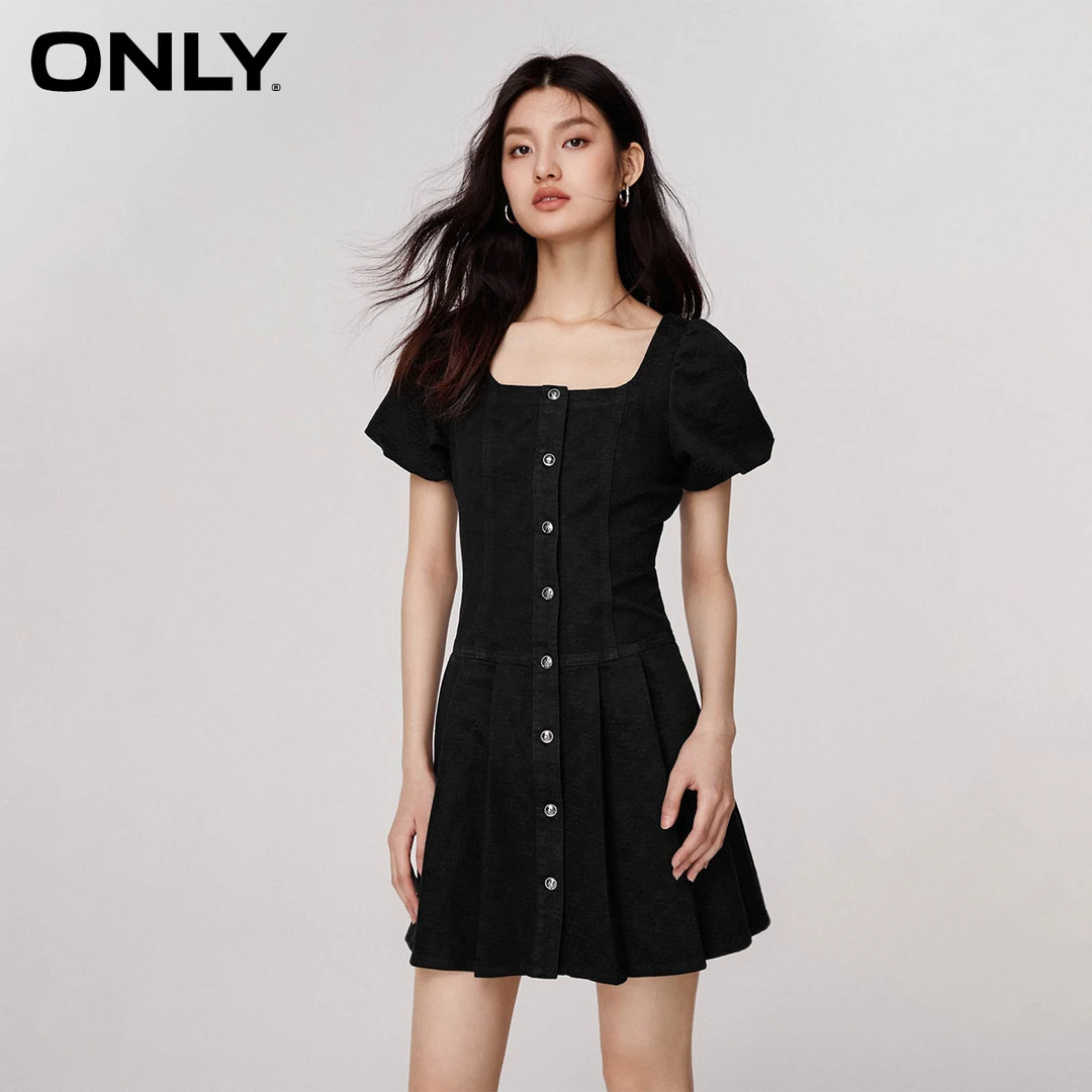 ONLY春秋新款时尚通勤U型领短款牛仔百褶连衣裙女|123242057