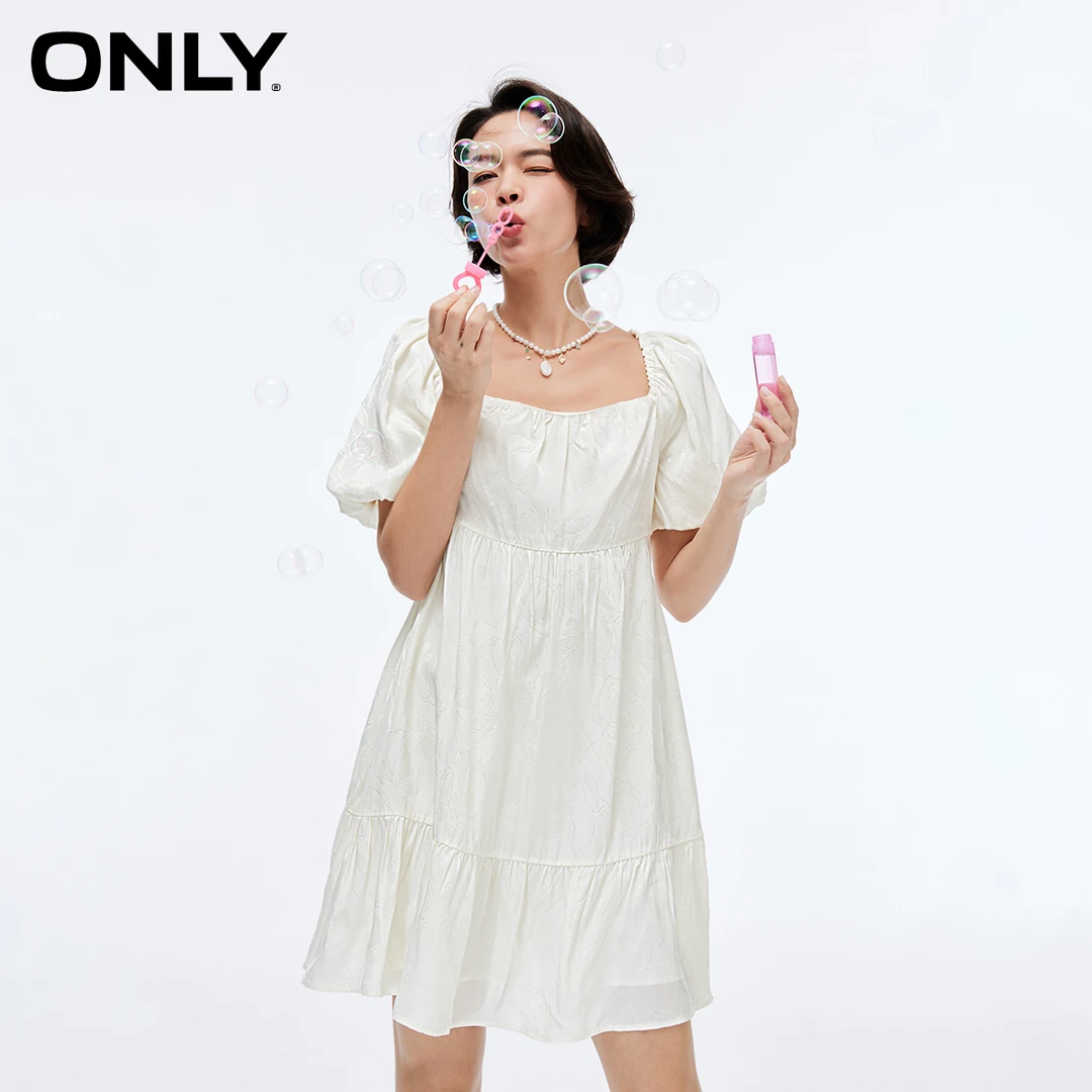 【金拐子专属】ONLY新款时尚方领泡泡袖收腰短裙连衣裙女|123207126