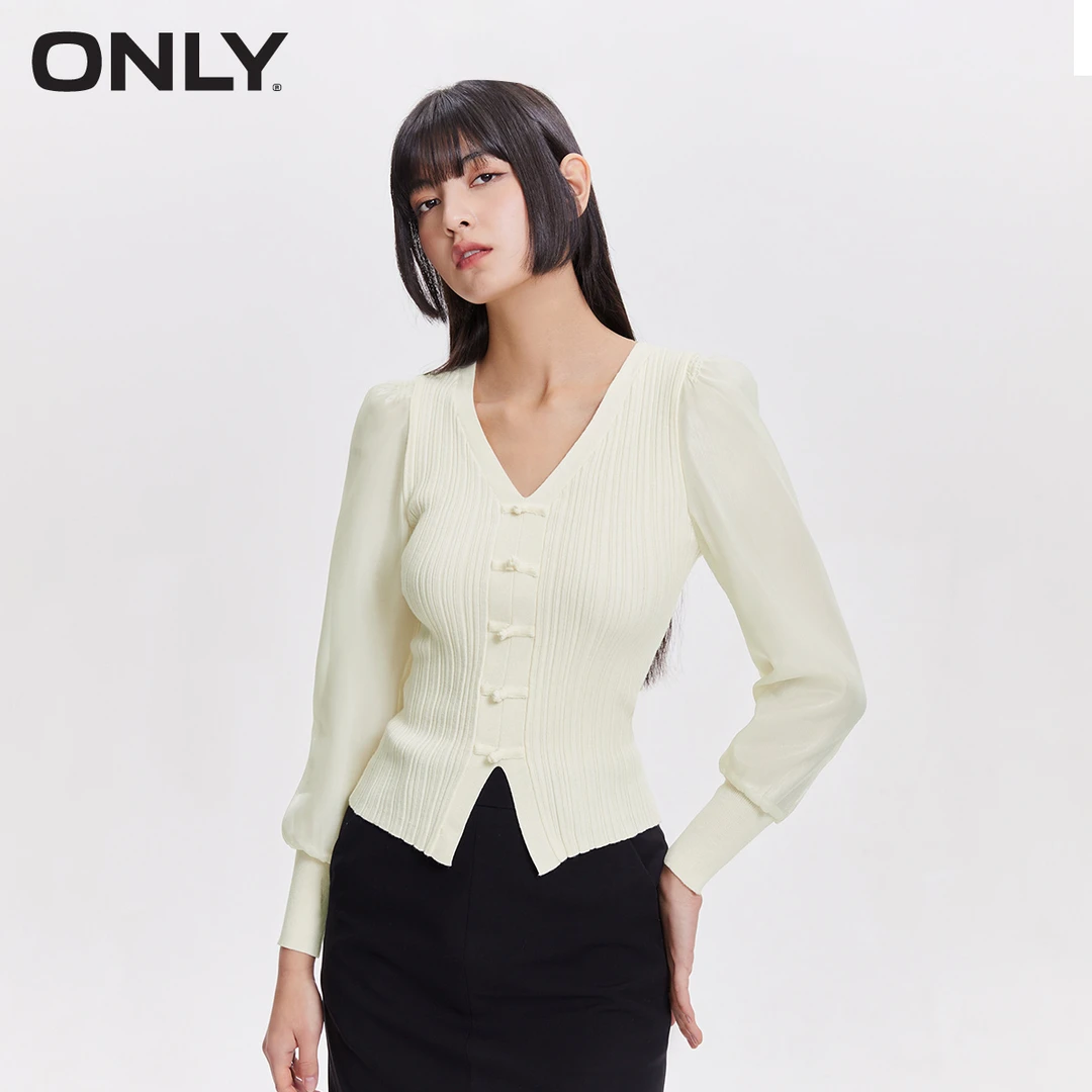 ONLY2025秋季新款设计感百搭拼接V领毛衣长袖针织衫女|124113030