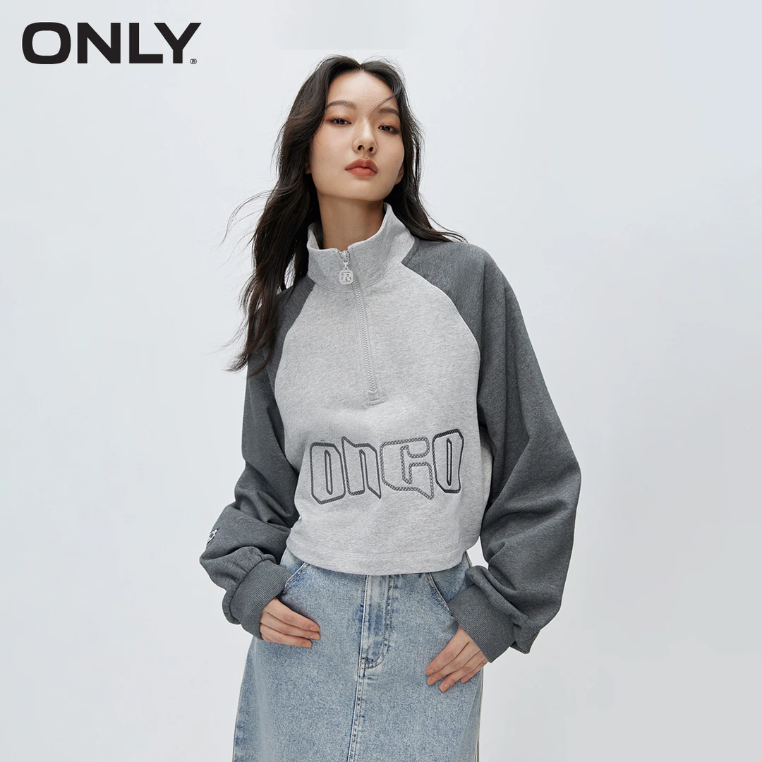 《李易行》ONLY刺绣短款长袖立领卫衣加绒外套女|12349S027