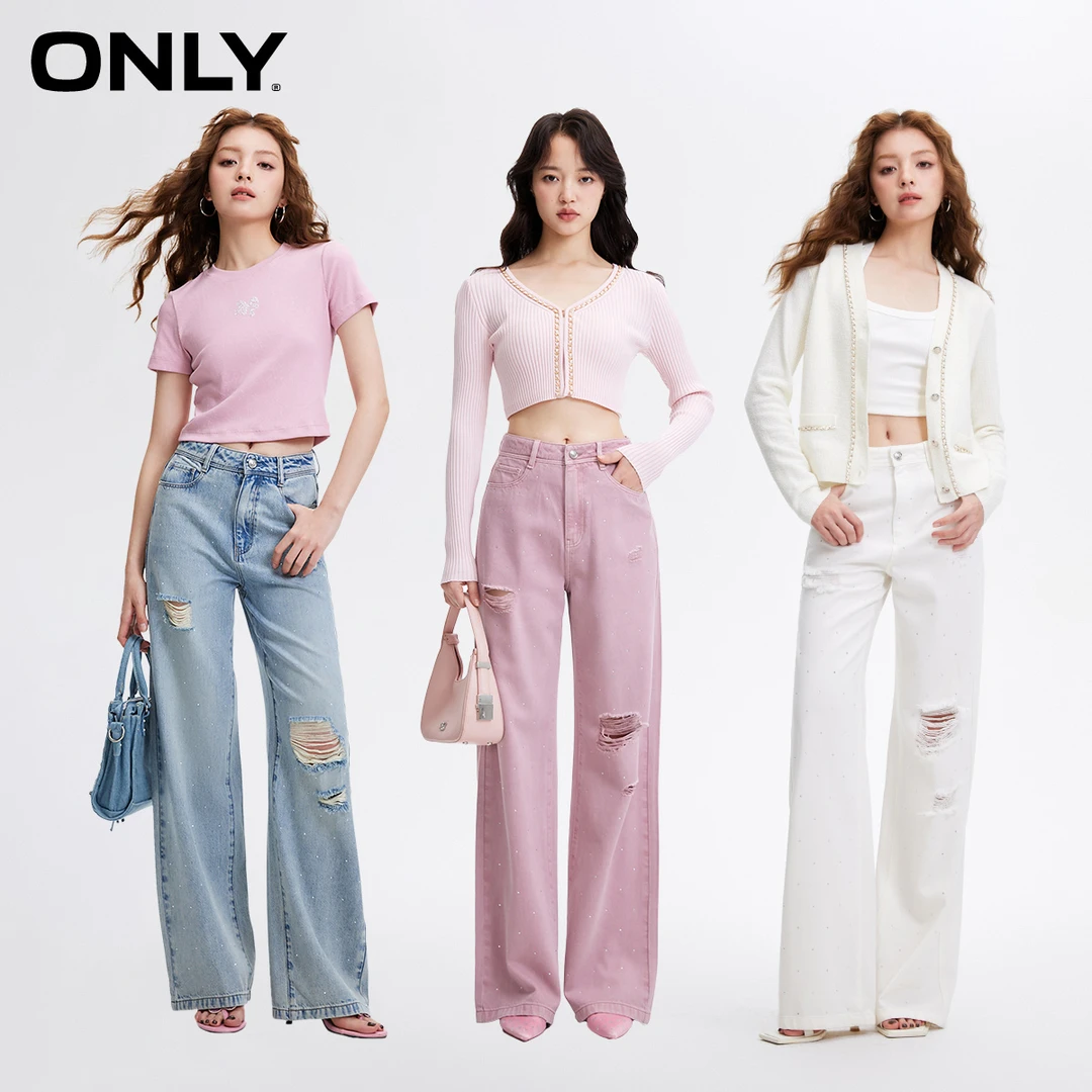 ONLY2024春季新款破洞烫钻高腰直筒裤牛仔裤女|124132033