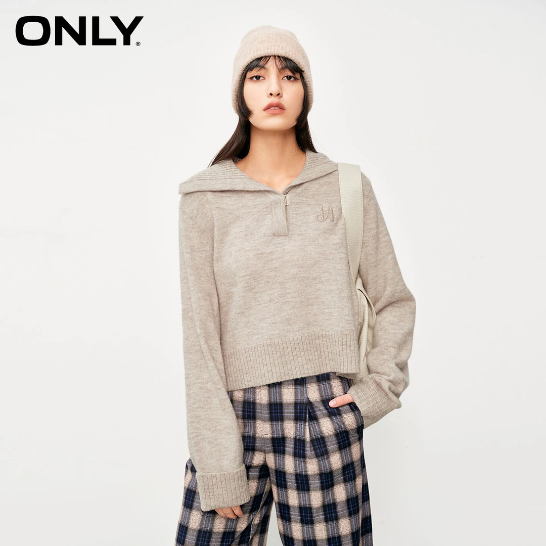 ONLY20春季新款百搭宽松翻领开叉长袖针织衫女|124113043