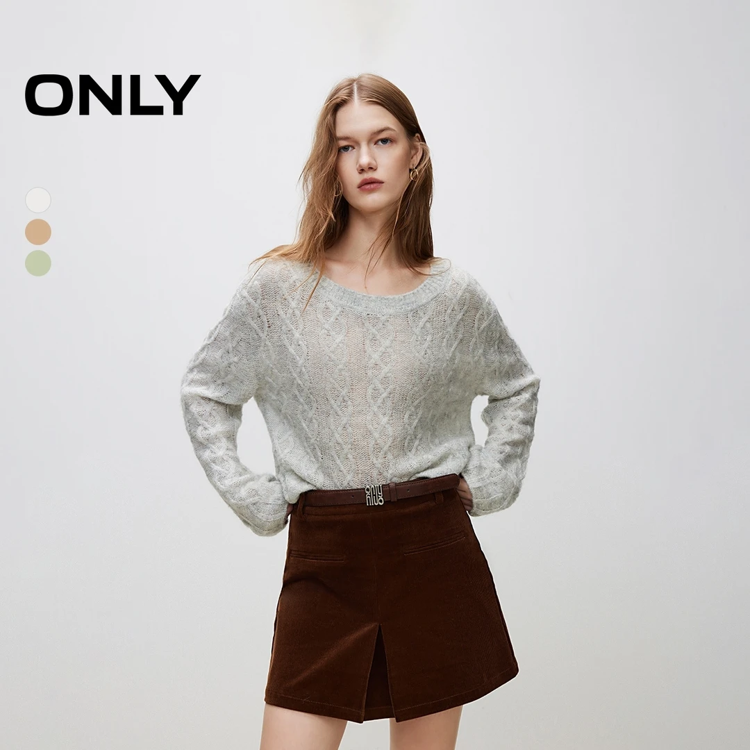 ONLY2025冬季新款时尚淑女风圆领纯色显瘦长袖针织衫女|124413050