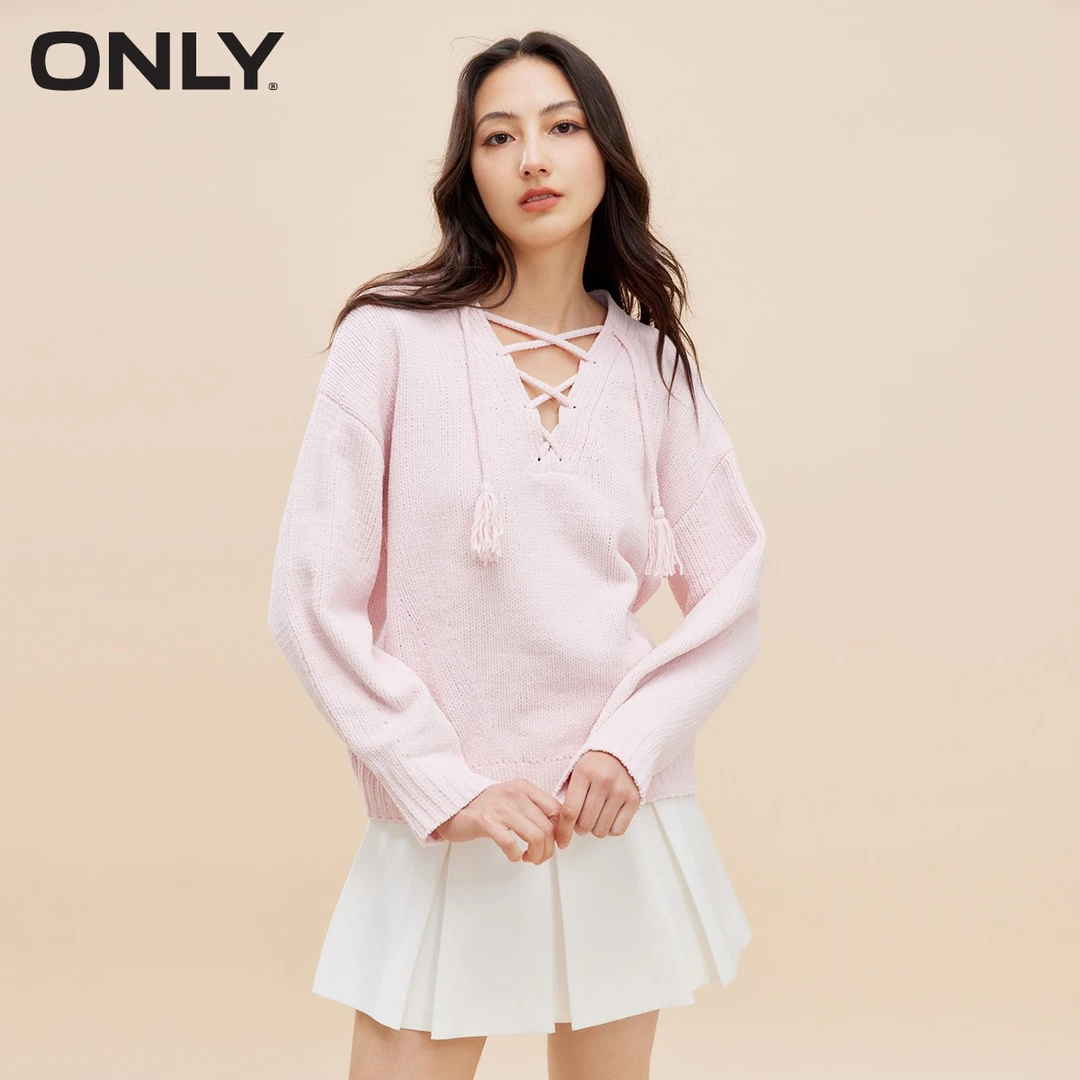 【辛小北专属】ONLY时尚设计感V领落肩宽松螺纹针织衫女|123413067