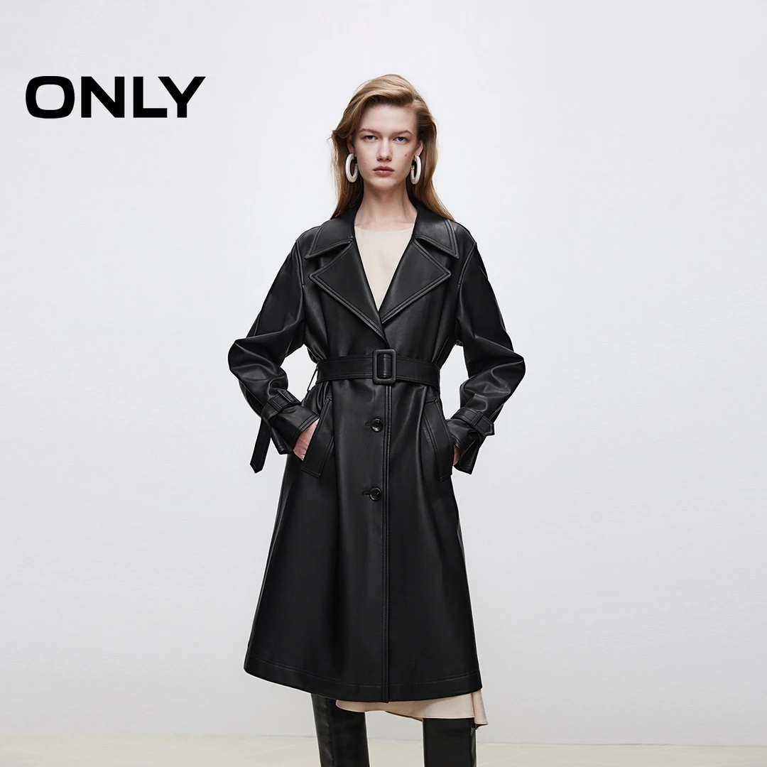 ONLY2024初秋新款时尚酷飒翻领开衩PU中长款风衣外套女|1243PU001
