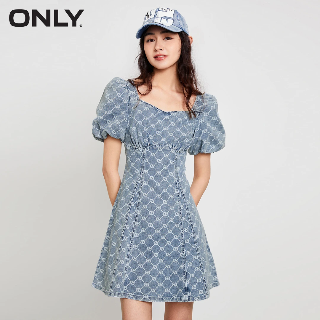ONLY春夏新款莱卡面料泡泡袖短款满印牛仔连衣裙女|123242013