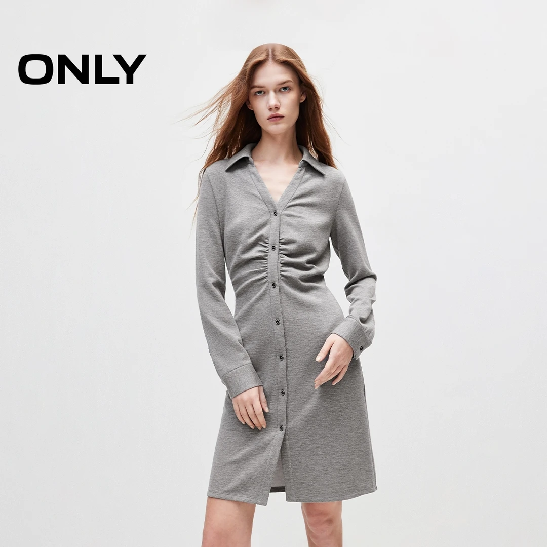 【陈大可专属】ONLY气质休闲收腰柔软V领短裙长袖连衣裙女124361005