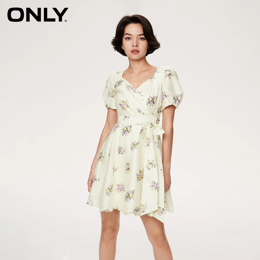 ONLY夏季时尚气质精致泡泡袖度假风碎花裙短款连衣裙女|123207143