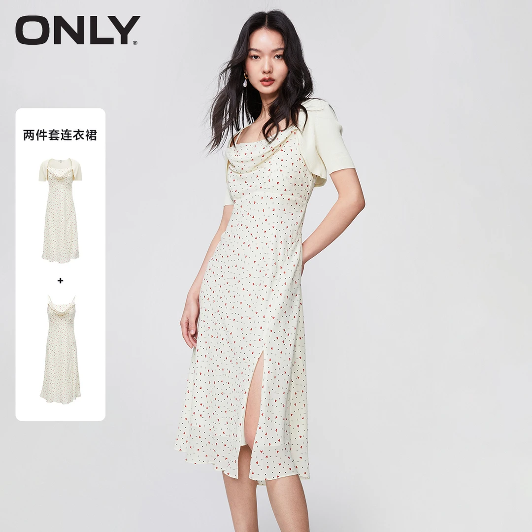 【金拐子专属】ONLY收腰甜美中长款荡领碎花短袖连衣裙女|123207079