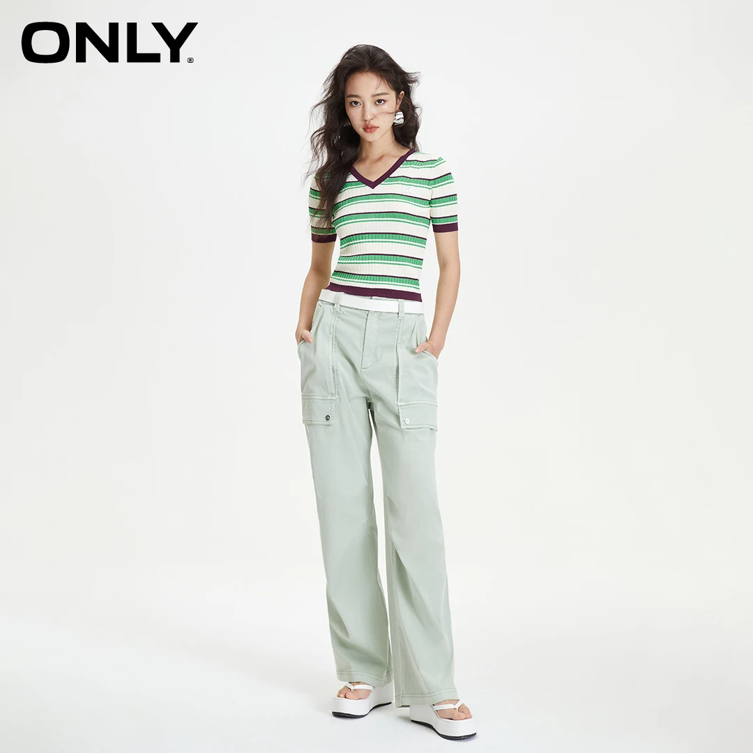 【金拐子专属】ONLY时尚运动修身短款短袖V领针织衫女|123324002