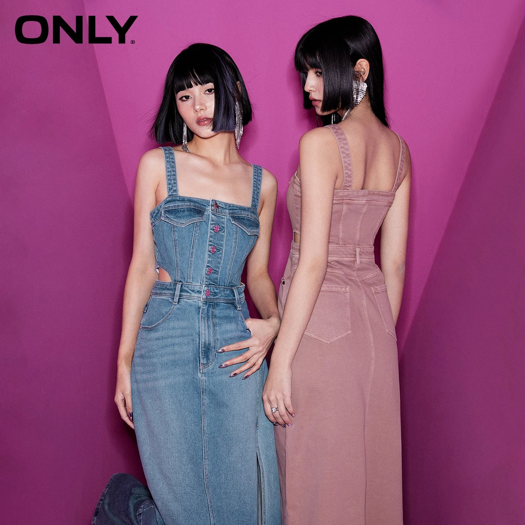 ONLY2024春季新款吊带A字开叉中长款牛仔连衣裙女|124142014