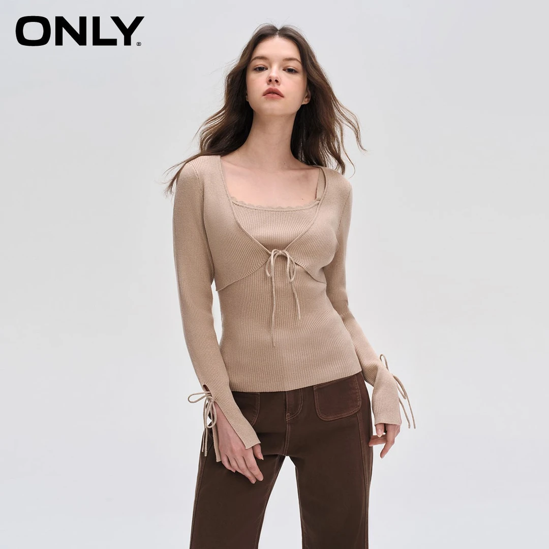 ONLY秋季新款时尚通勤修身开叉假两件长袖针织衫女|124113003