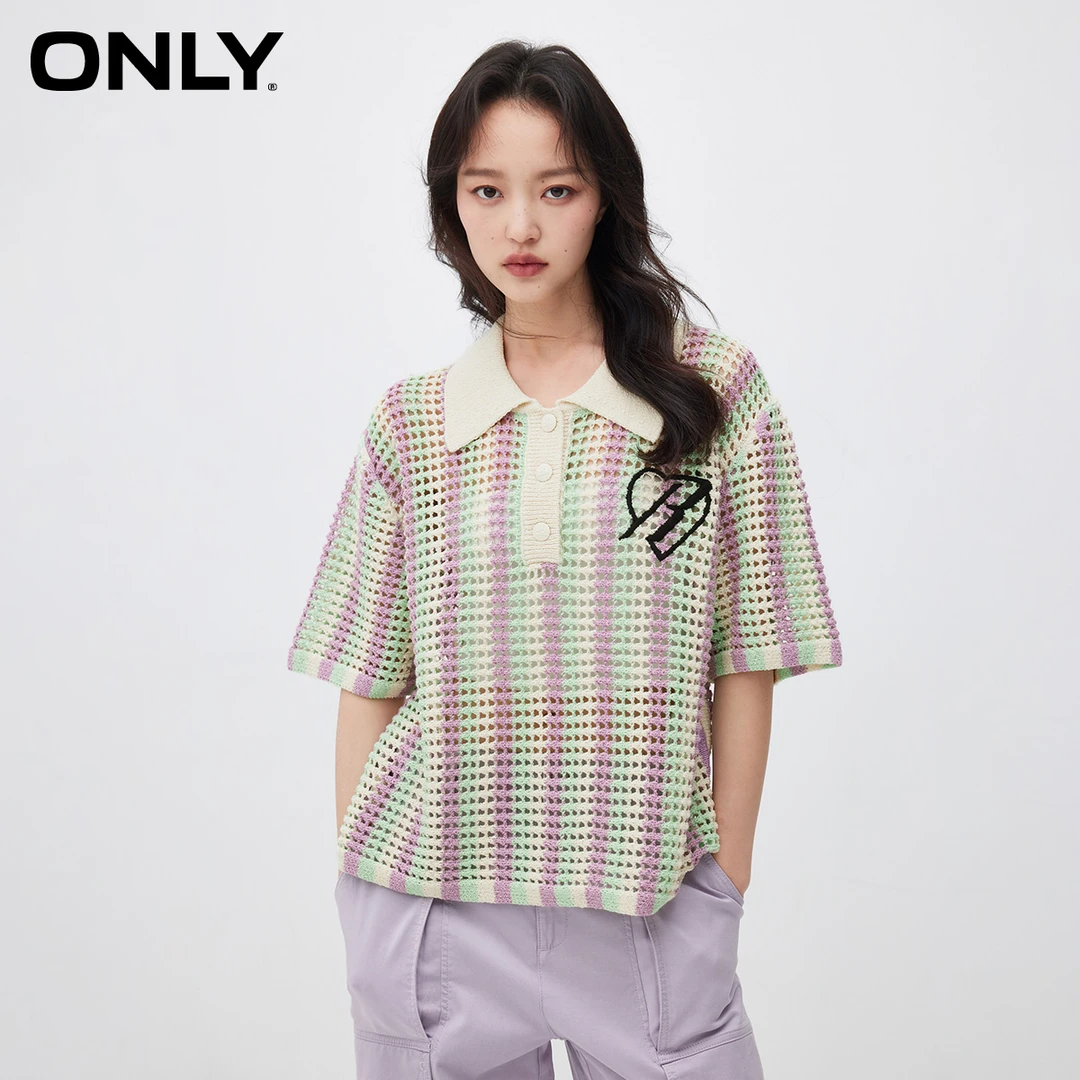 ONLY2025夏季新款时尚百搭宽松显瘦POLO领拼色针织衫女|124224004