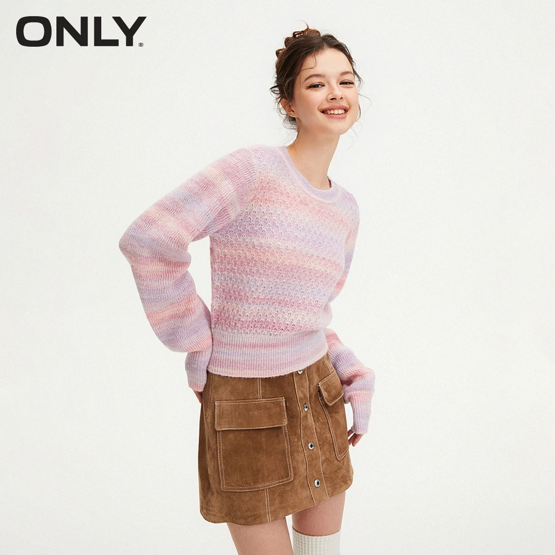 ONLY秋季新款潮流百搭彩虹渐变圆领宽松针织衫女|124113010