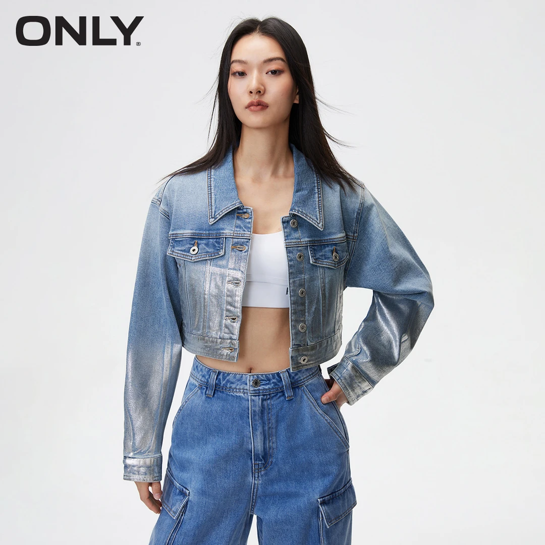 ONLY2025春季新款翻领宽松短款牛仔外套女|124154016