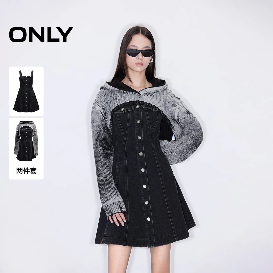 ONLY2025冬季新款设计感牛仔吊带短裙针织套装连衣裙女|124442001