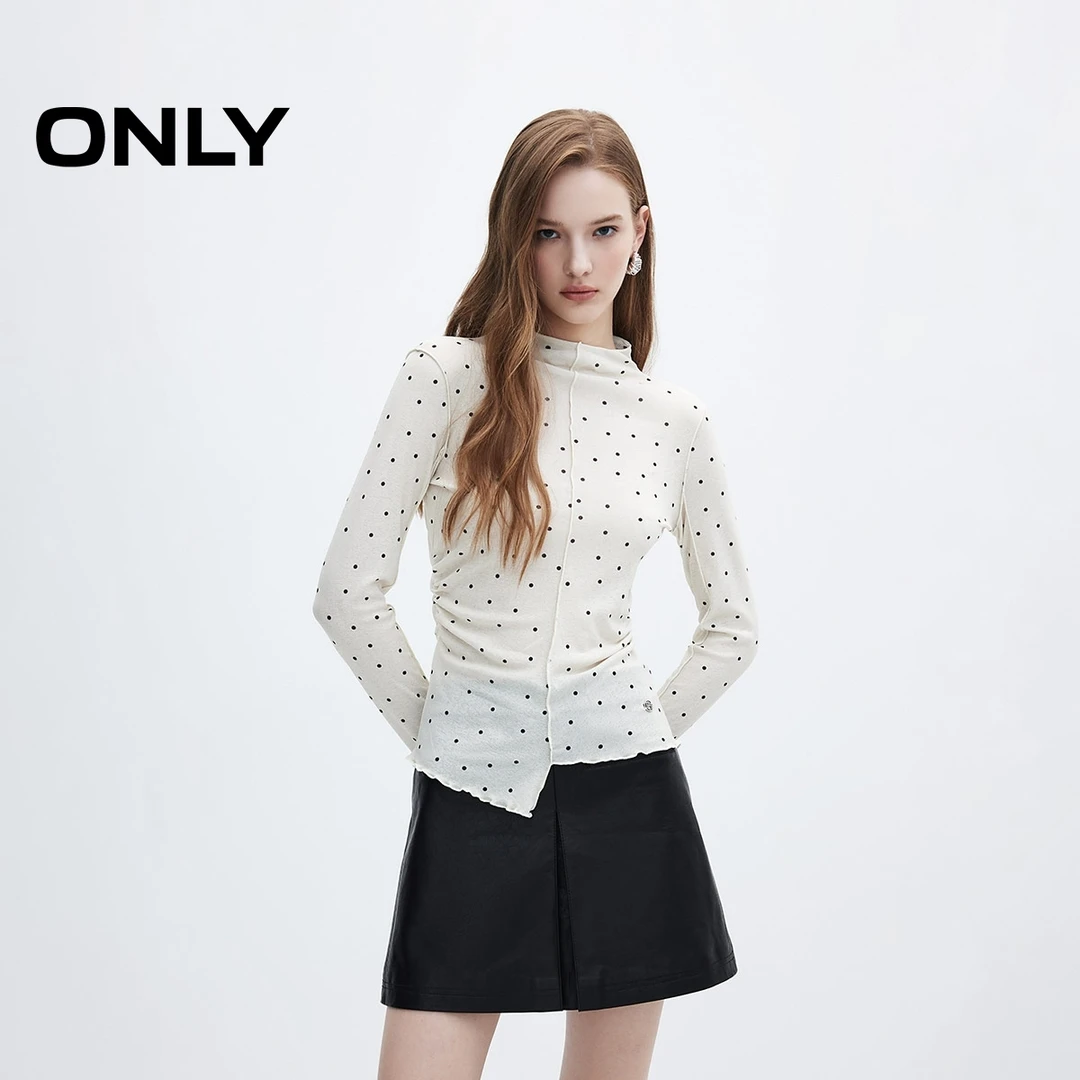 ONLY2024初秋新款甜美风百搭修身波点半高领长袖T恤女|124302011