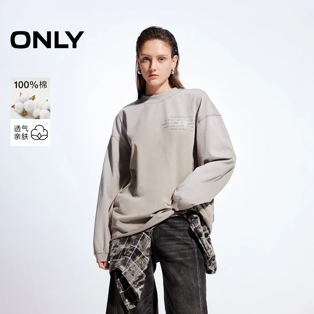 ONLY2025冬季新款纯棉休闲字母宽松圆领长袖上衣T恤女|124402003